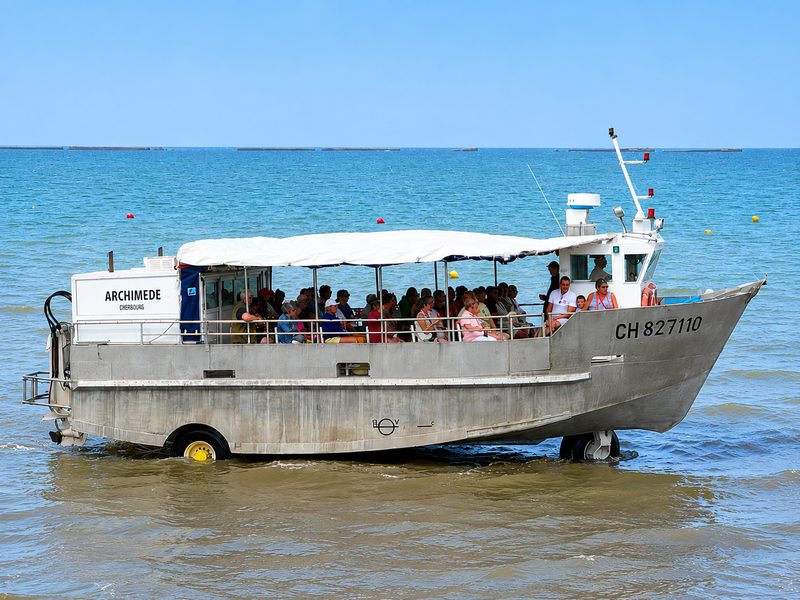 L’Archimède effectue sa giration en mer devant Arromanches.